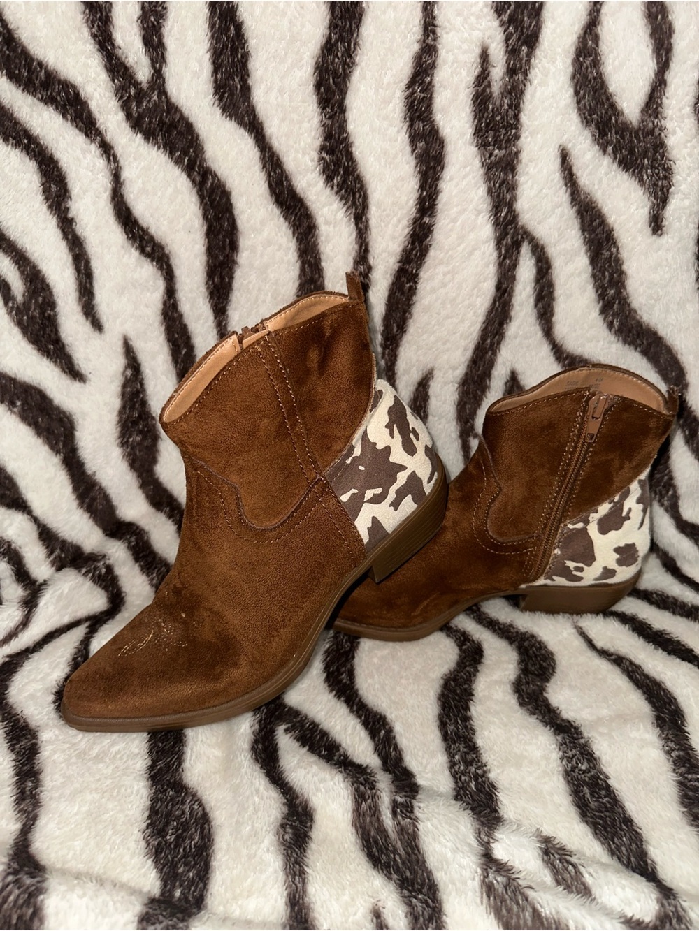 Brown Suede Ankle Boots with Cream & Brown Cow-Print Heel